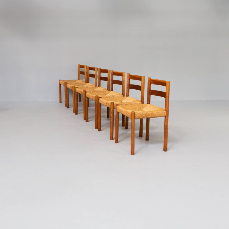 Set of 6 vintage oakwood and wicker dining chairs, 1970s