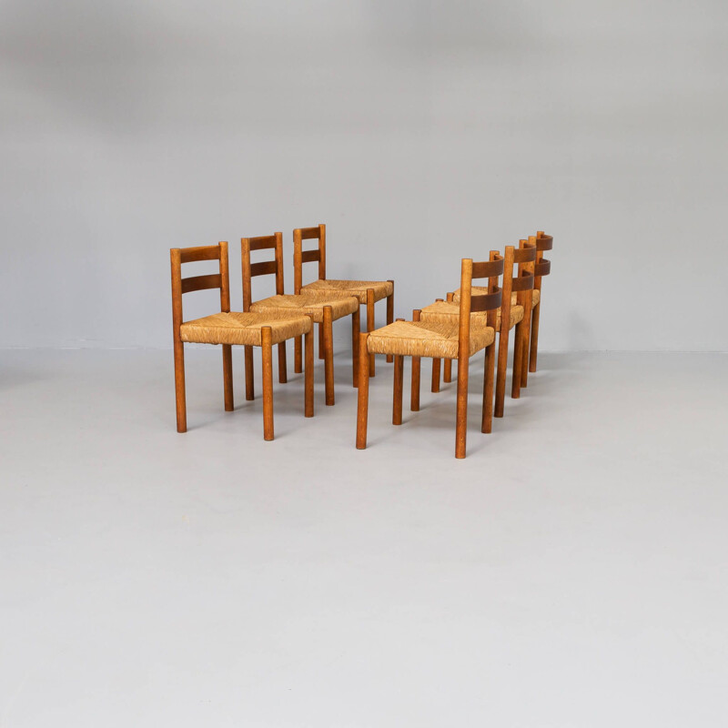 Set of 6 vintage oakwood and wicker dining chairs, 1970s