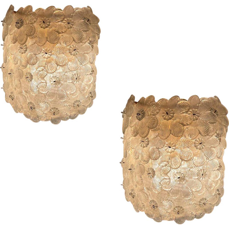Pair of vintage Italian Murano glass flower wall lamps by Seguso
