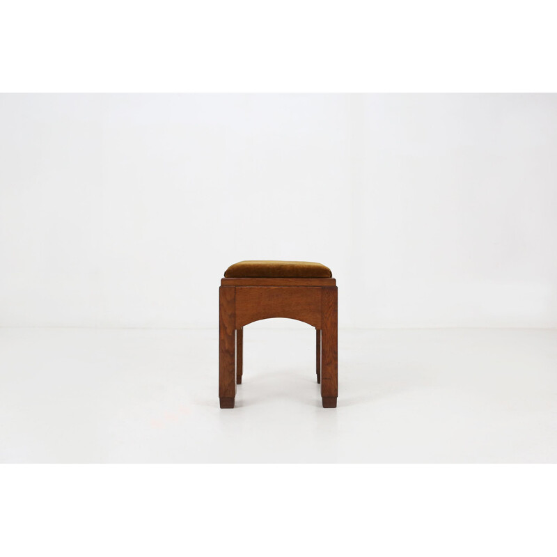 Tabouret Art Déco vintage en velours et bois de chêne, 1930