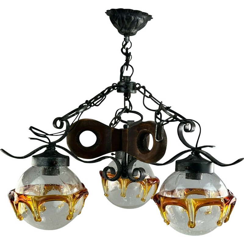 Lámpara de suspensión Brutalista Vintage en hierro y cristal de Murano, 1960-1970