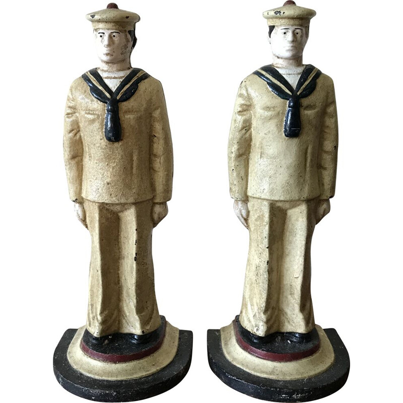 Pair of vintage bookends representing American sailors in cast iron, 1950