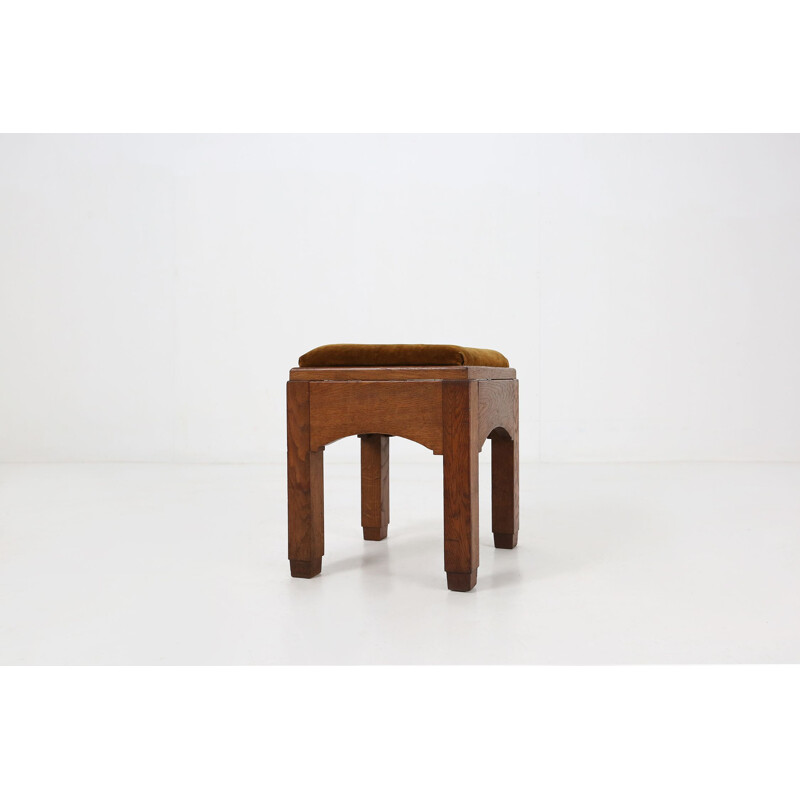 Art Deco vintage velvet and oakwood stool, 1930s