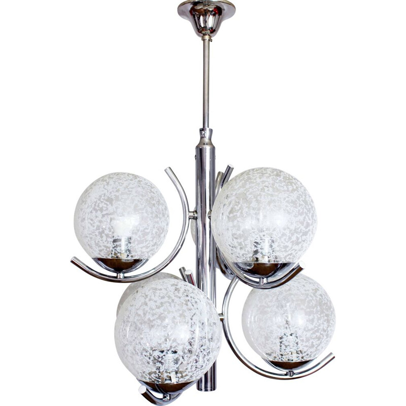 Vintage chandelier in chromed metal and glass, 1970