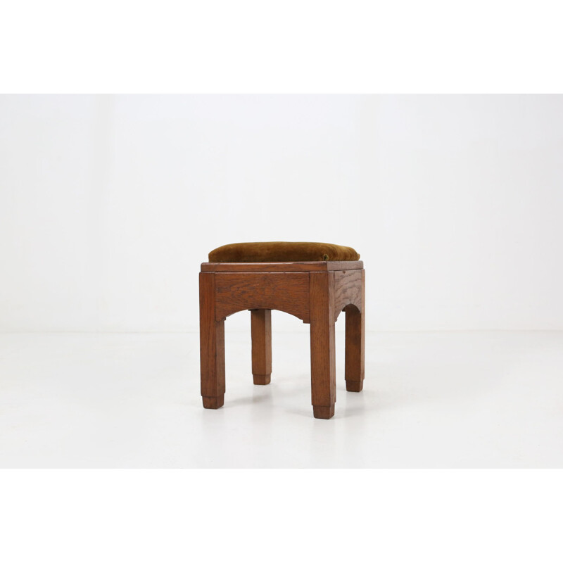 Art Deco vintage velvet and oakwood stool, 1930s