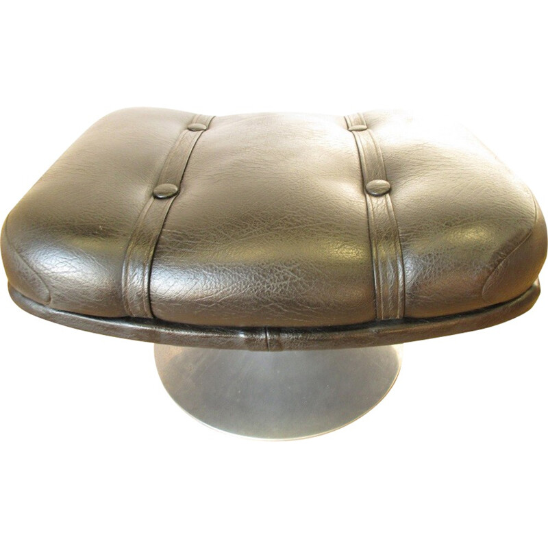 Minty Oxford swivel pouf in black moleskin and aluminium - 1970s