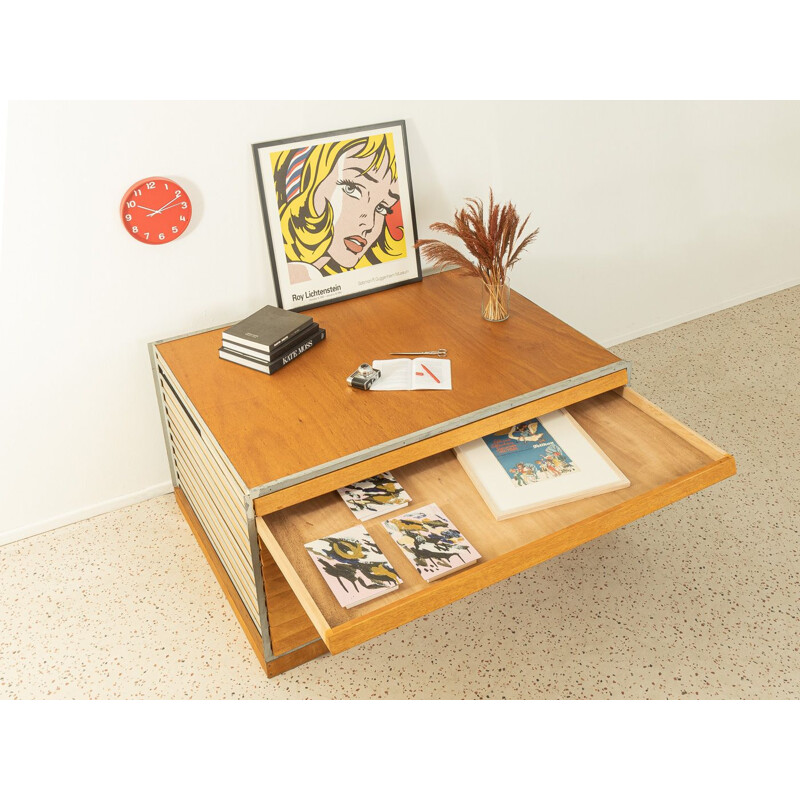 Vintage ten drawer chest of drawers in oak wood and steel frame, Germany 1960