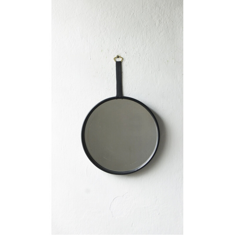 Miroir rond vintage en cuir noir