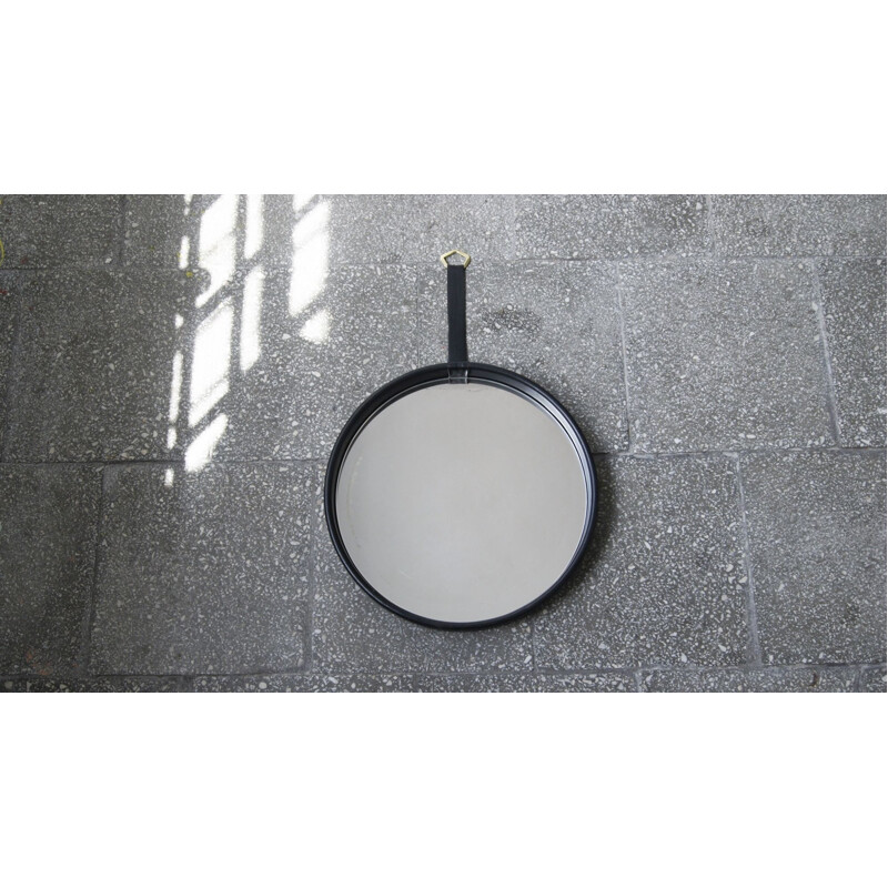 Miroir rond vintage en cuir noir