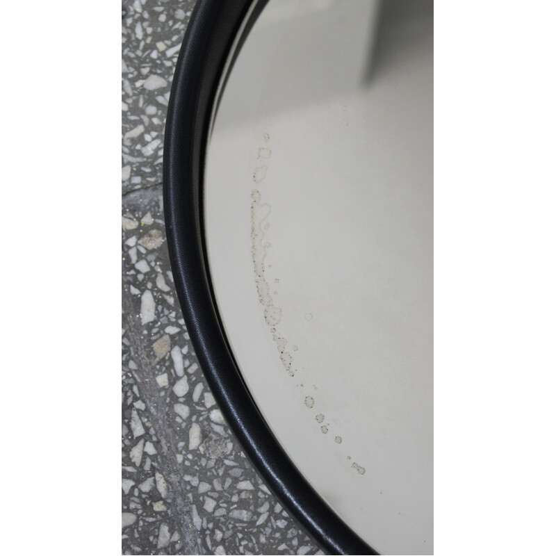 Vintage black leather round mirror