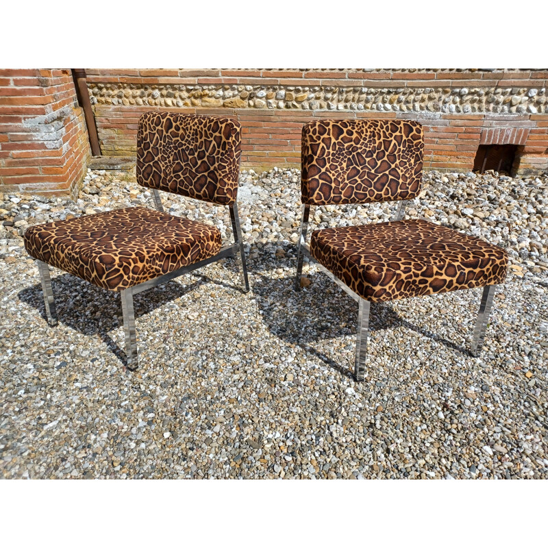Pair of vintage armchairs in chromed metal and fabric by Pierre Guariche, 1960