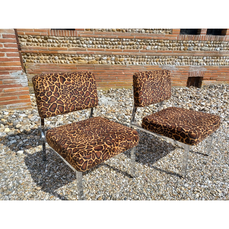 Pair of vintage armchairs in chromed metal and fabric by Pierre Guariche, 1960