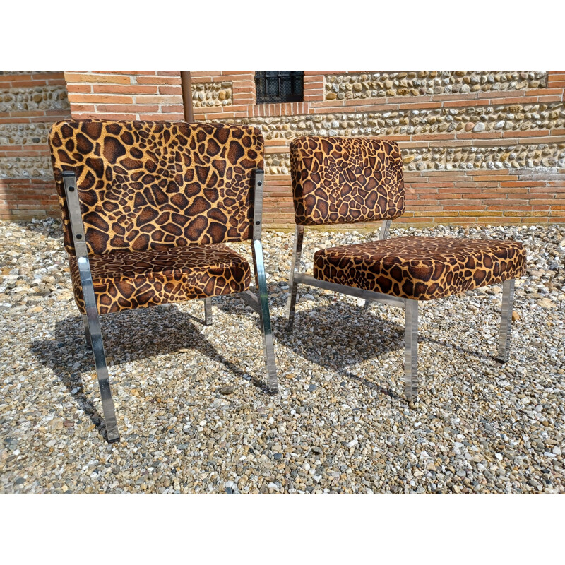 Pair of vintage armchairs in chromed metal and fabric by Pierre Guariche, 1960