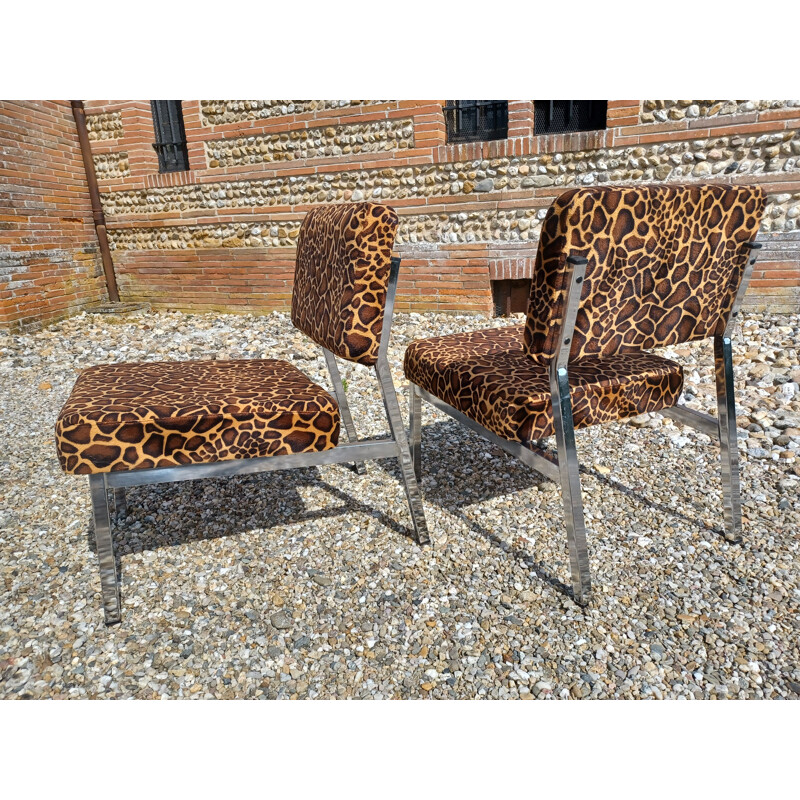 Pair of vintage armchairs in chromed metal and fabric by Pierre Guariche, 1960