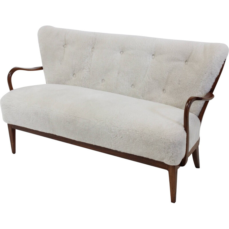 Danish sofa in sheepskin and beech - 1940s