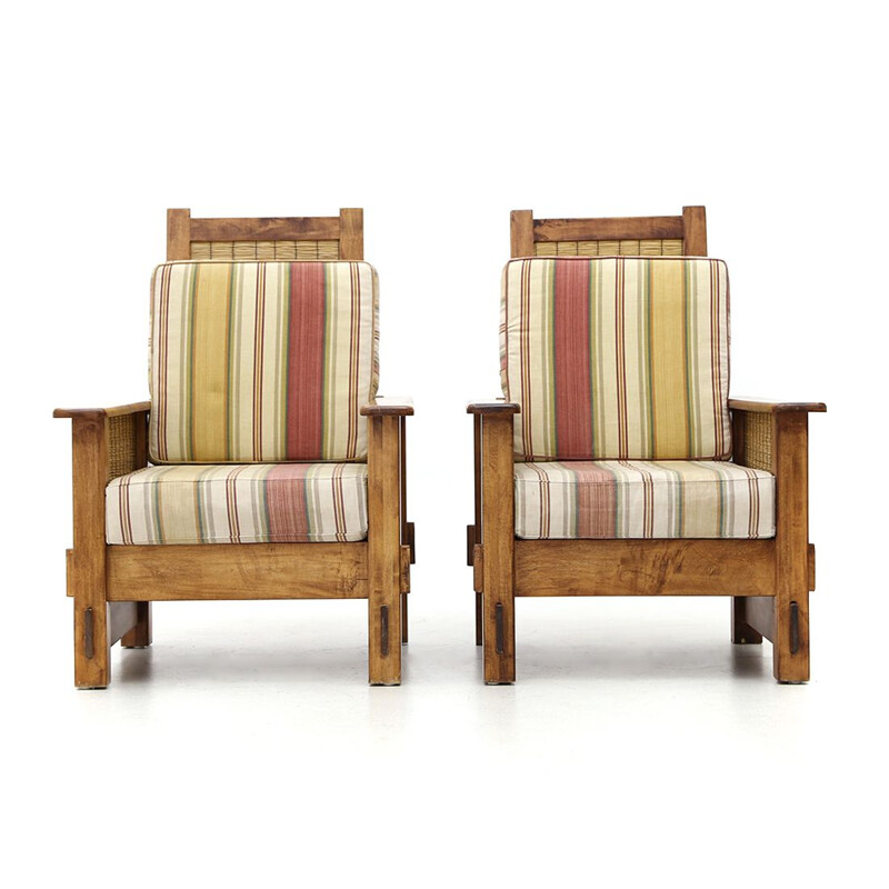 Pair of vintage colonial wood and straw armchairs, South African 1980