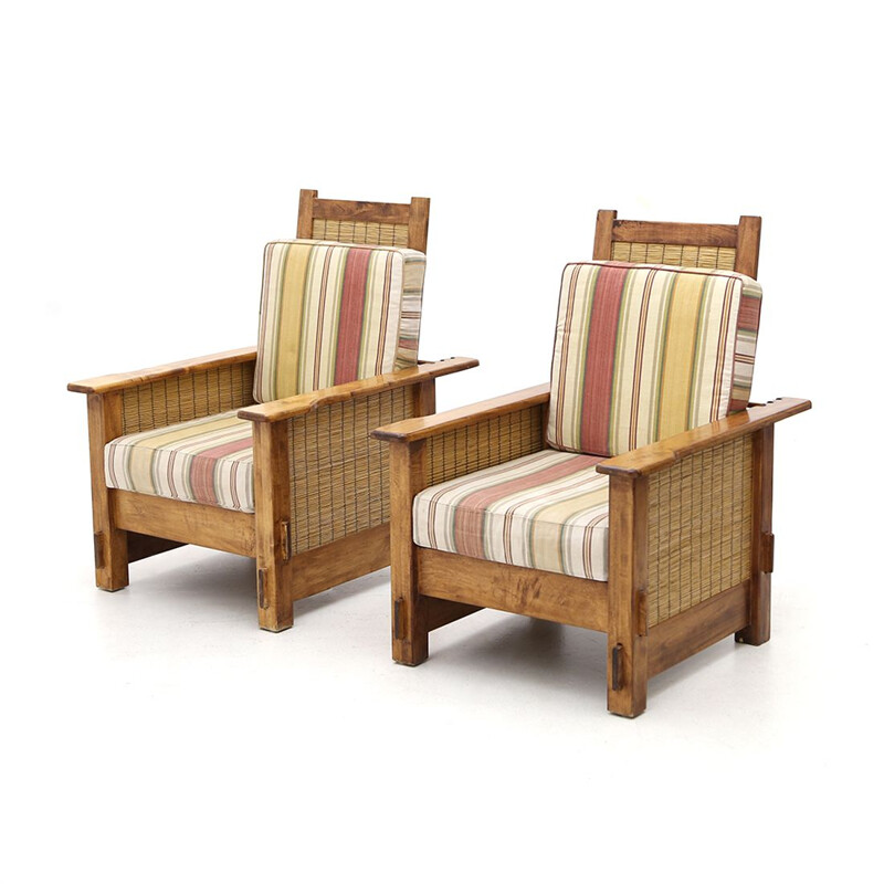 Pair of vintage colonial wood and straw armchairs, South African 1980