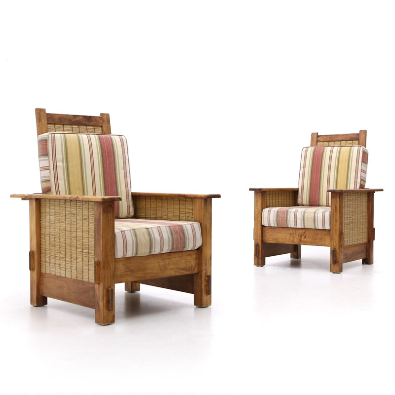 Pair of vintage colonial wood and straw armchairs, South African 1980