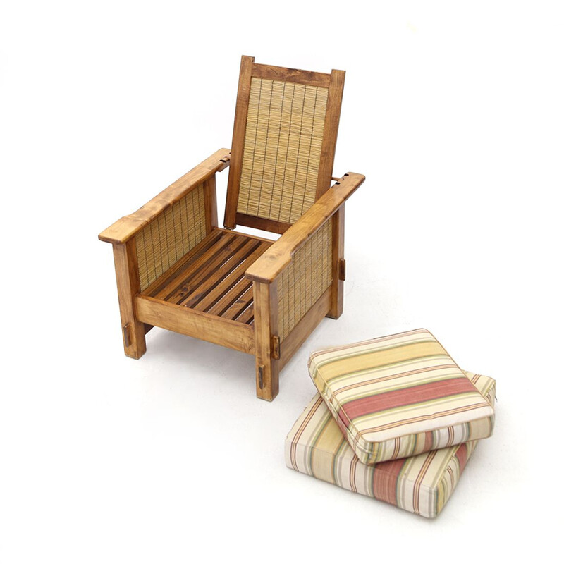 Pair of vintage colonial wood and straw armchairs, South African 1980