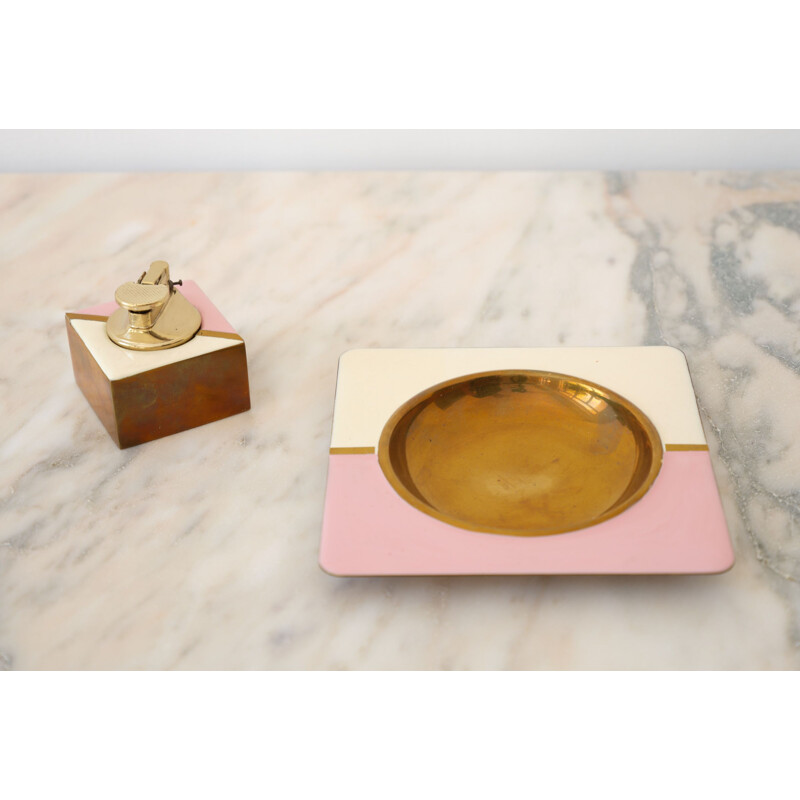 Vintage Italian set of ashtray and lighter in brass, 1960s