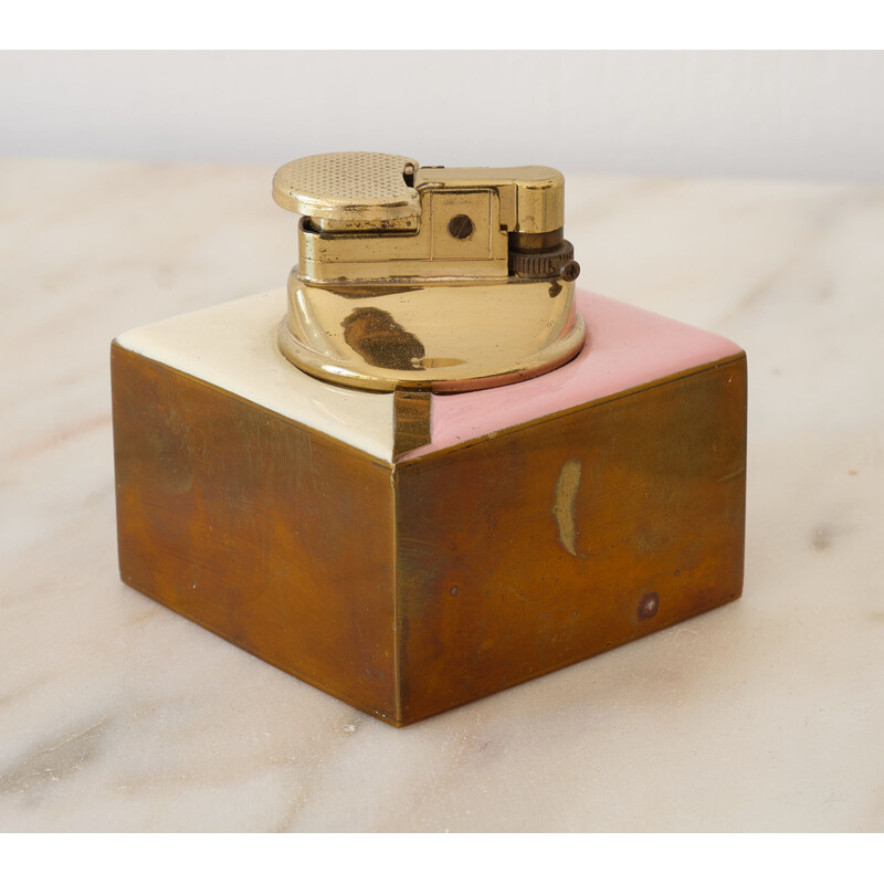 Vintage Italian set of ashtray and lighter in brass, 1960s