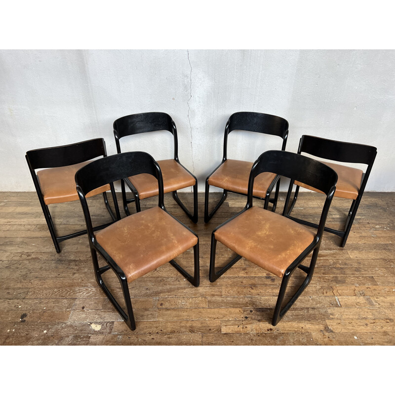 Lot de 6 chaises vintage Baumann traineaux, 1960-1970