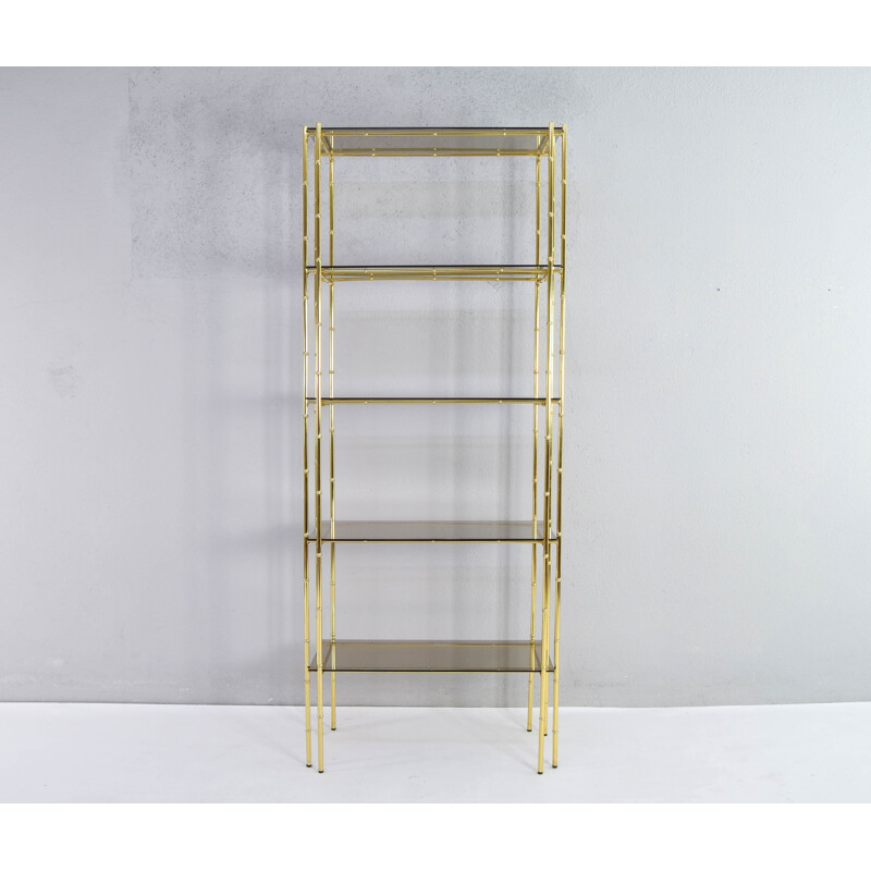 Vintage Hollywood Regency bamboo, gold plated and smoked glass shelf by Bosquesot, Spain 1970s