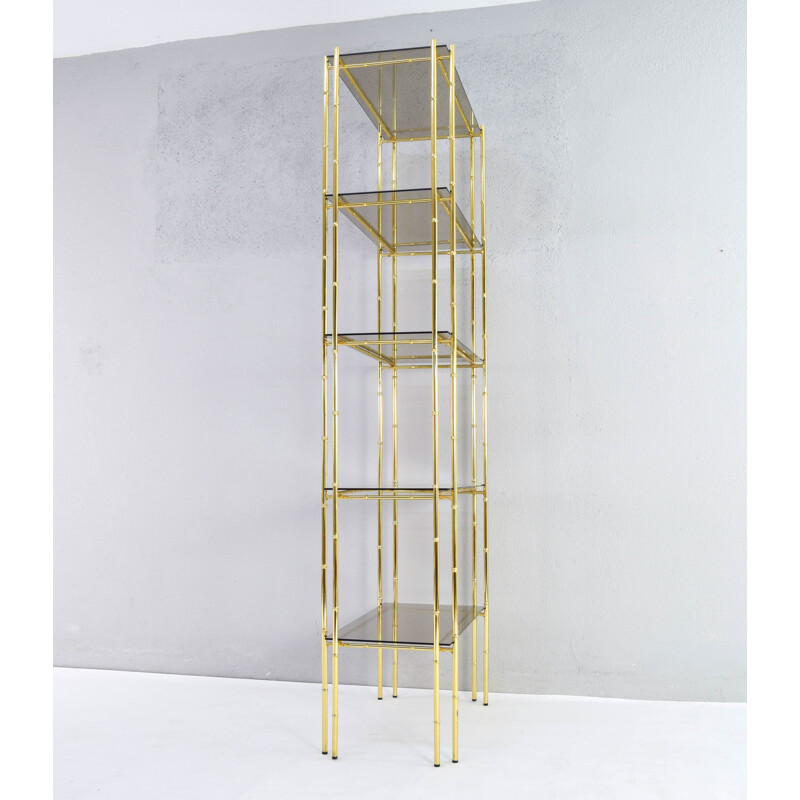 Vintage Hollywood Regency bamboo, gold plated and smoked glass shelf by Bosquesot, Spain 1970s