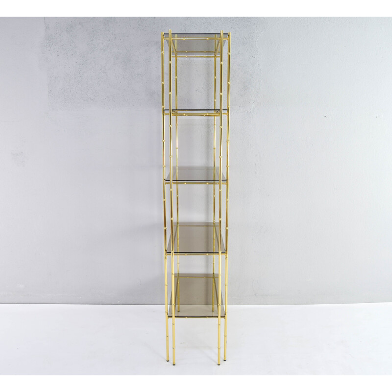 Vintage Hollywood Regency bamboo, gold plated and smoked glass shelf by Bosquesot, Spain 1970s