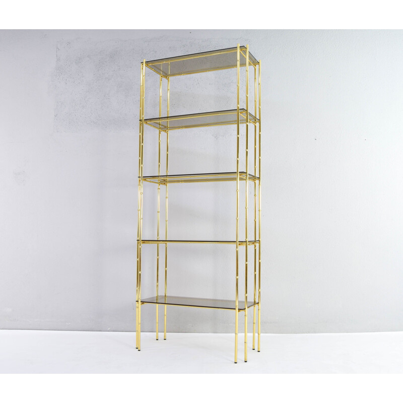 Vintage Hollywood Regency bamboo, gold plated and smoked glass shelf by Bosquesot, Spain 1970s