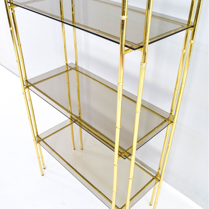 Vintage Hollywood Regency bamboo, gold plated and smoked glass shelf by Bosquesot, Spain 1970s