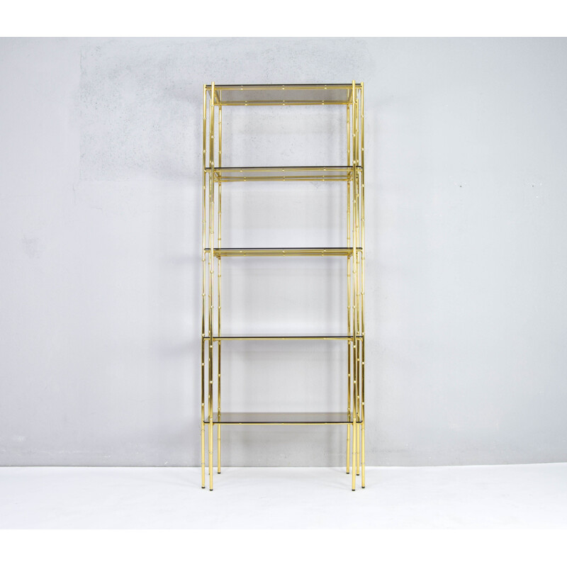 Vintage Hollywood Regency bamboo, gold plated and smoked glass shelf by Bosquesot, Spain 1970s