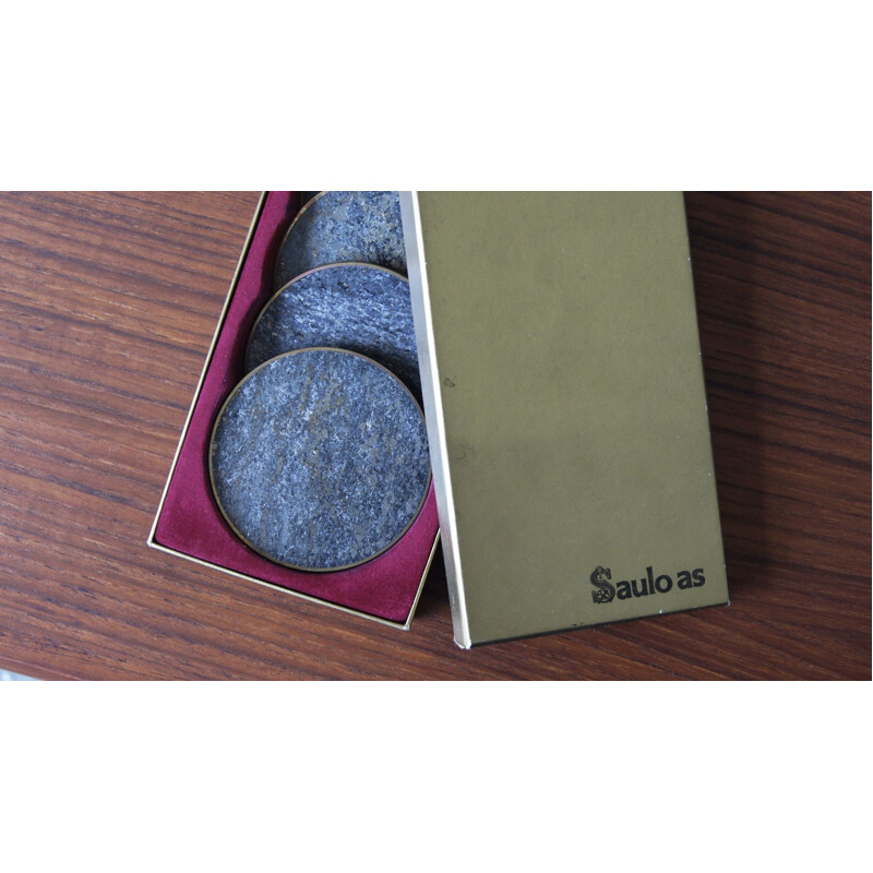 Vintage natural stone & brass coasters by Saulo Sulitjelma, Norway