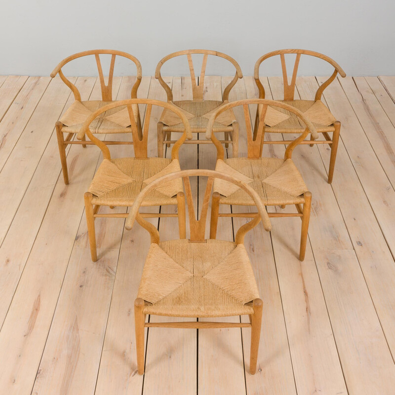 Juego de 6 sillas Wishbone de roble vintage de Hans Wegner para Carl Hansen