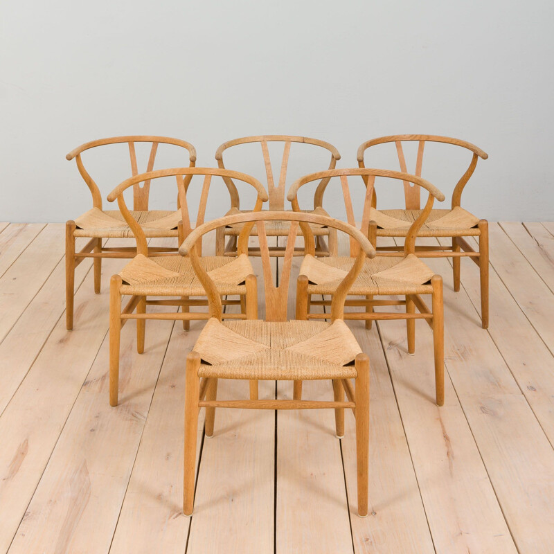 Conjunto de 6 cadeiras de carvalho vintage Wishbone de Hans Wegner para Carl Hansen