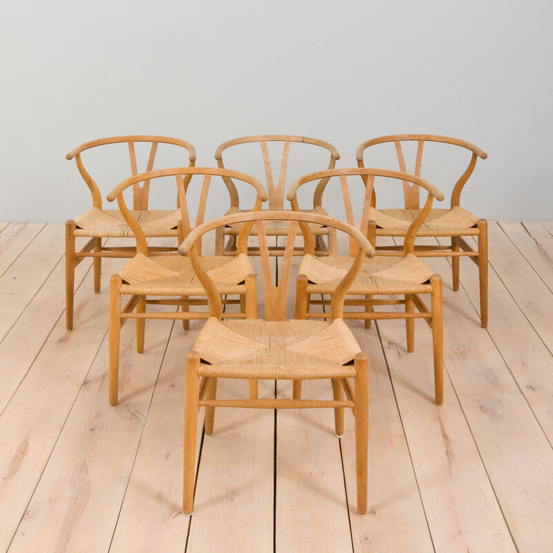 Juego de 6 sillas Wishbone de roble vintage de Hans Wegner para Carl Hansen