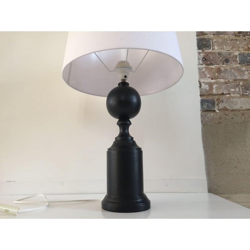 Lampe noir vintage en bois tourné, 1980-1990