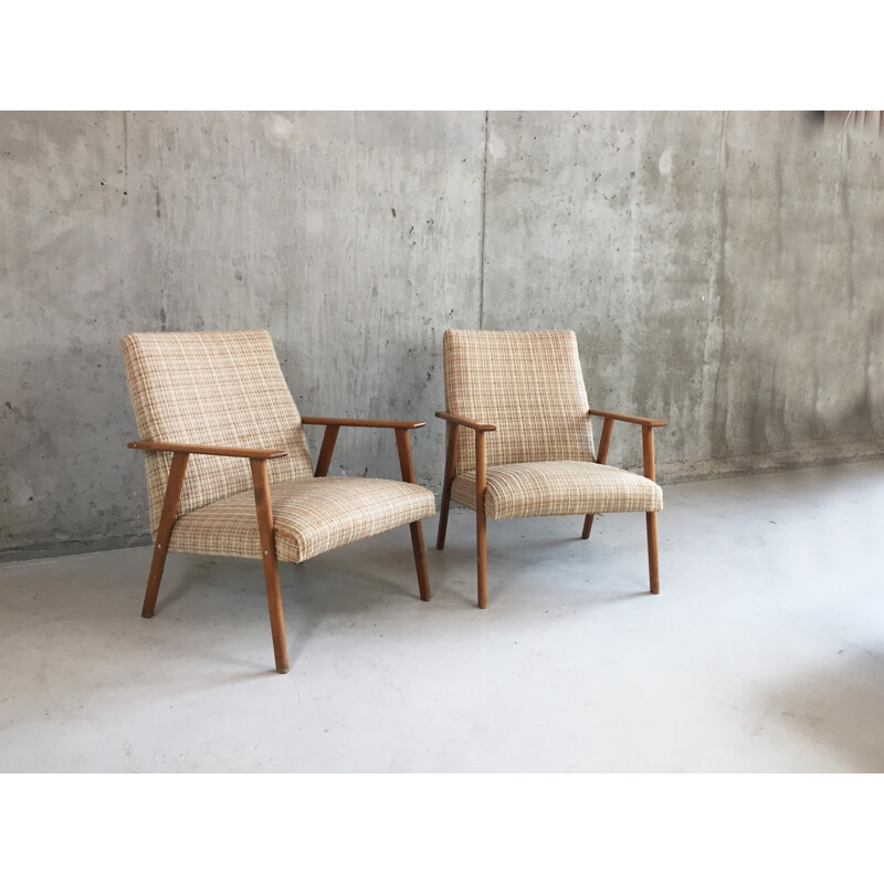 Pair of Danish armchairs in beech and beige fabric - 1970s