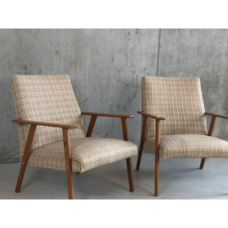 Pair of Danish armchairs in beech and beige fabric - 1970s