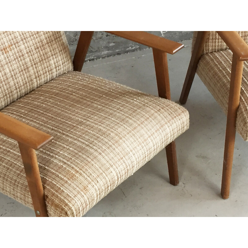 Pair of Danish armchairs in beech and beige fabric - 1970s