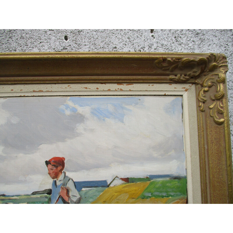 Vintage art painting in oil on dicta technique, Sweden 1970