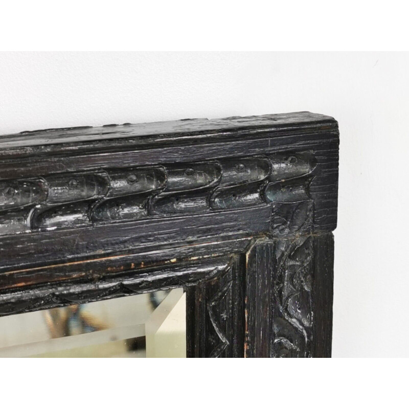 Miroir vintage en chêne sculpté à la main avec plaque biseautée