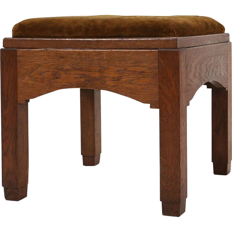 Art Deco vintage velvet and oakwood stool, 1930s