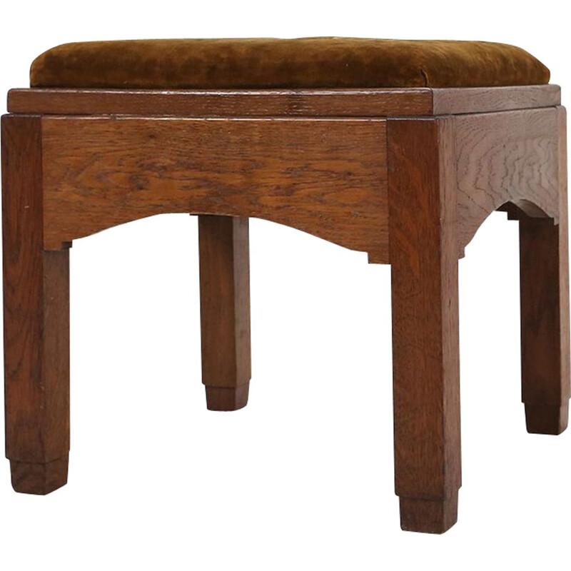 Art Deco vintage velvet and oakwood stool, 1930s