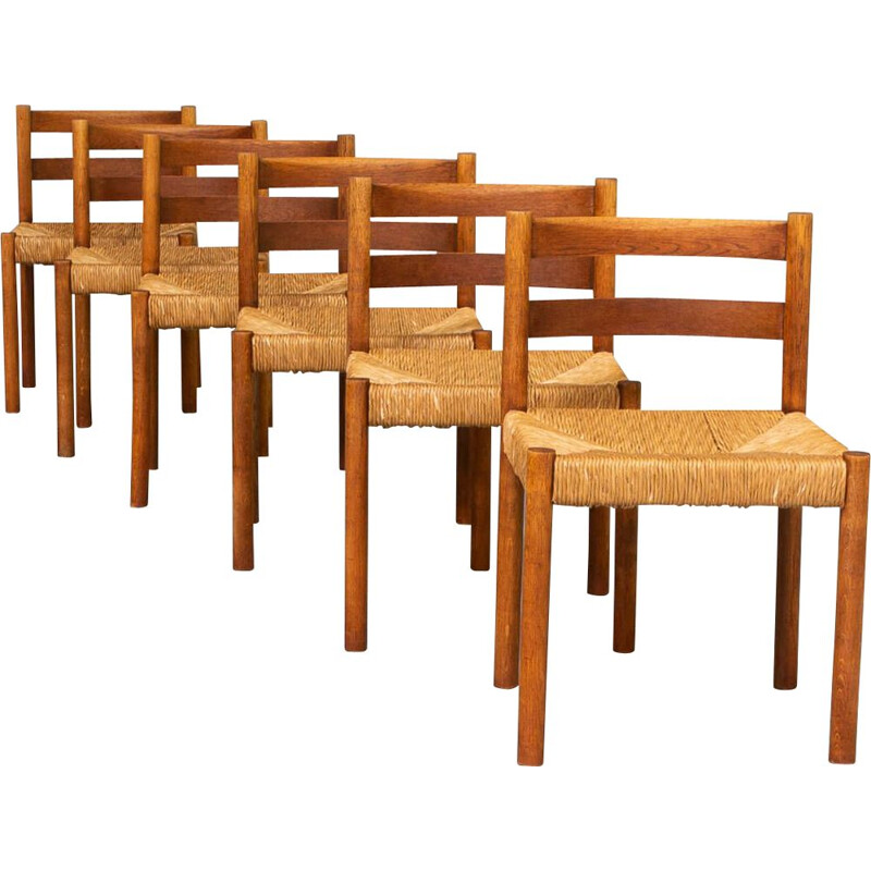 Set of 6 vintage oakwood and wicker dining chairs, 1970s