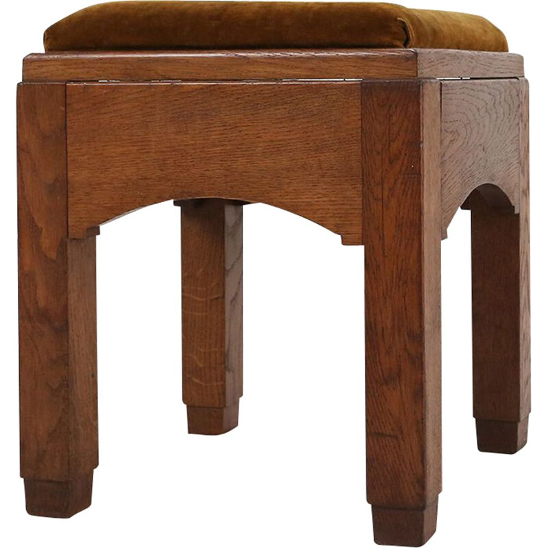 Art Deco vintage velvet and oakwood stool, 1930s