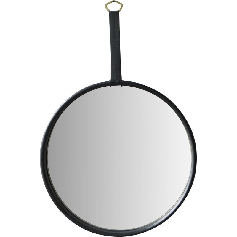 Runder Vintage-Spiegel aus schwarzem Leder