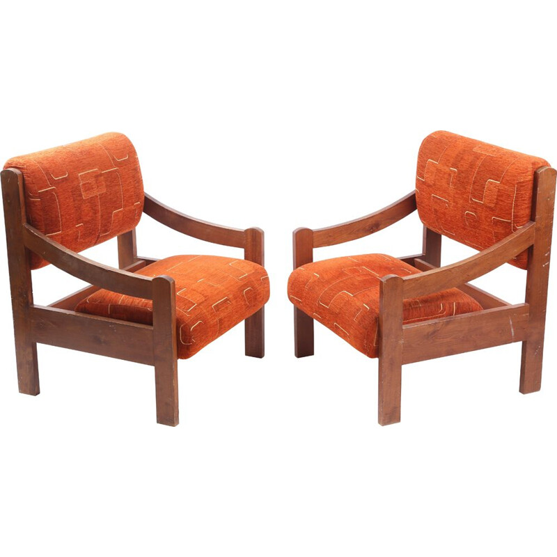 Pair of vintage orange armchairs, Czechoslovakia 1980s 