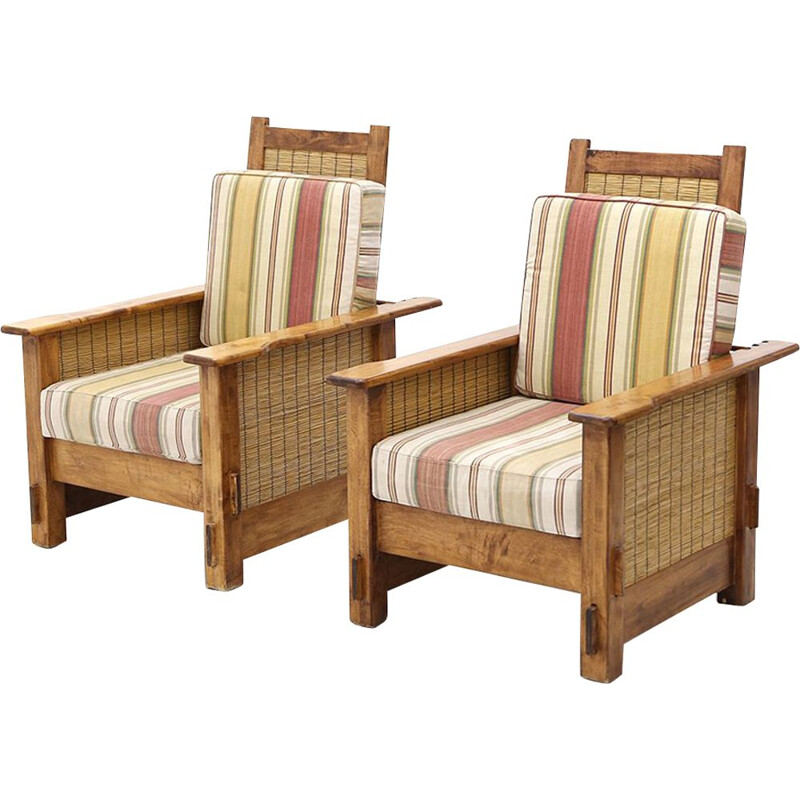 Pair of vintage colonial wood and straw armchairs, South African 1980