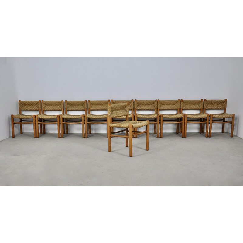 Ensemble de 10 chaises vintage en bois par Charlotte Perriand, 1950